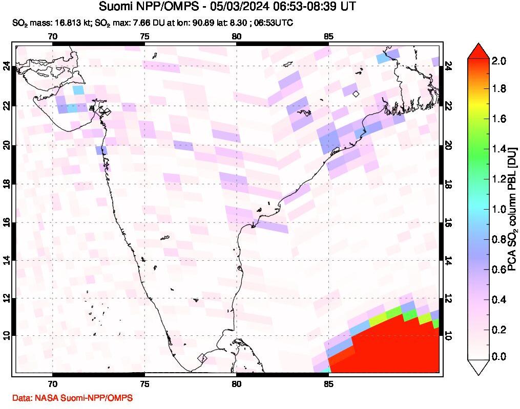 A sulfur dioxide image over India on May 03, 2024.