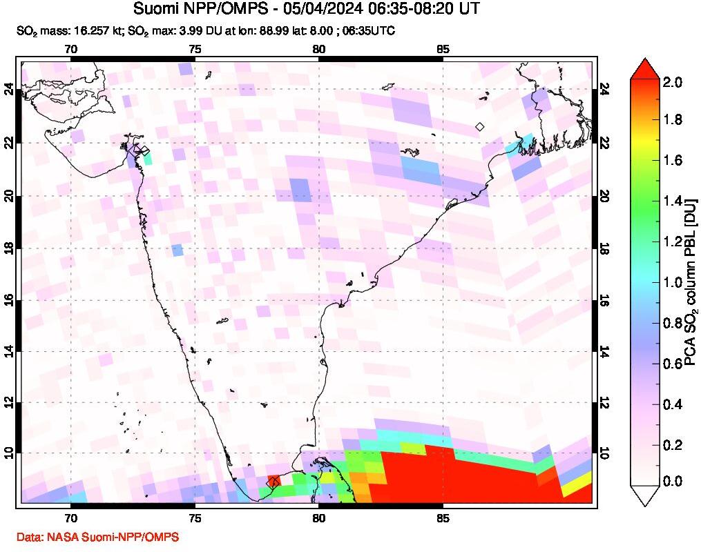 A sulfur dioxide image over India on May 04, 2024.