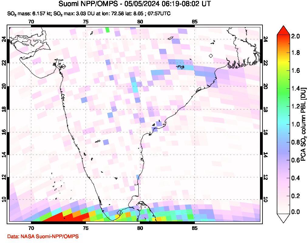 A sulfur dioxide image over India on May 05, 2024.