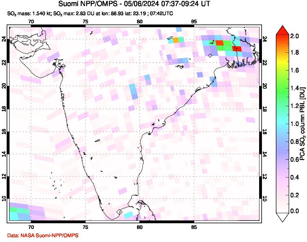 A sulfur dioxide image over India on May 06, 2024.