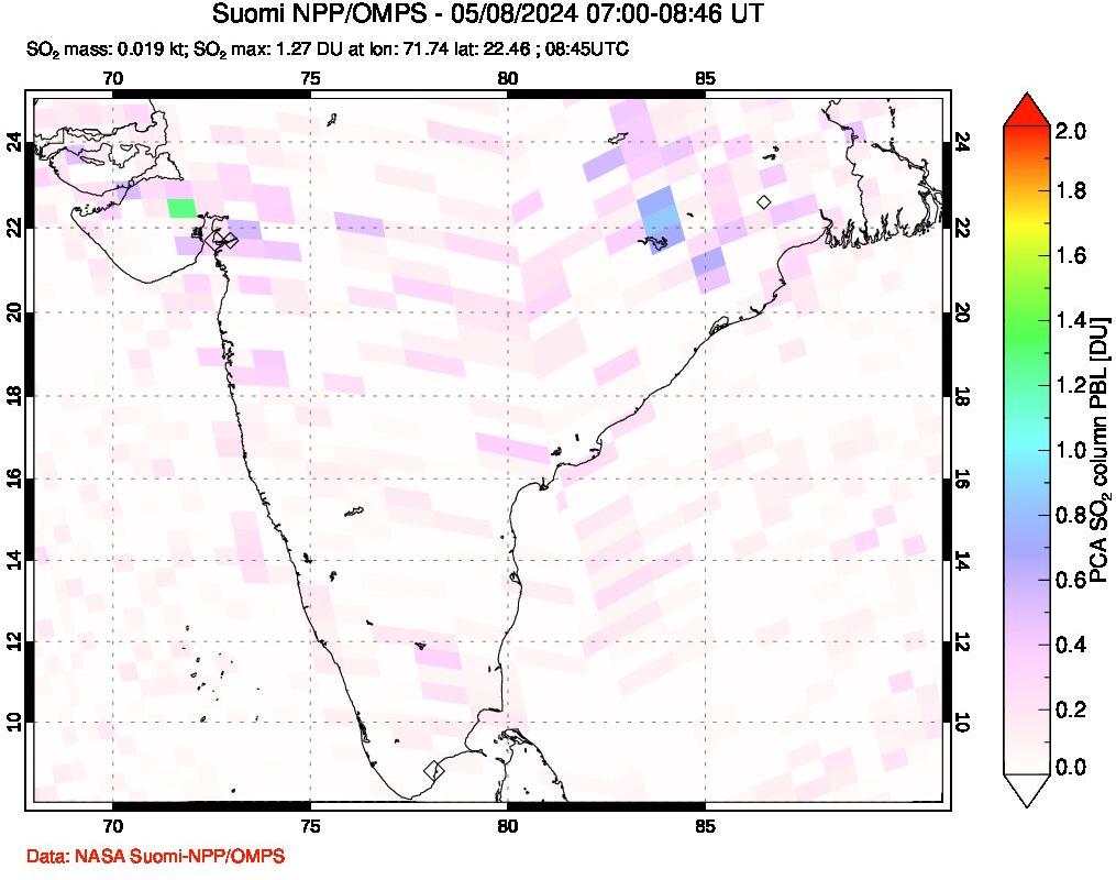 A sulfur dioxide image over India on May 08, 2024.