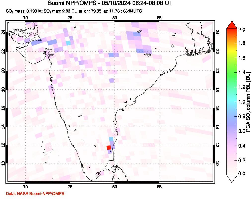 A sulfur dioxide image over India on May 10, 2024.