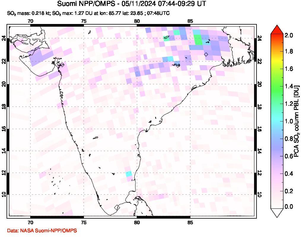 A sulfur dioxide image over India on May 11, 2024.