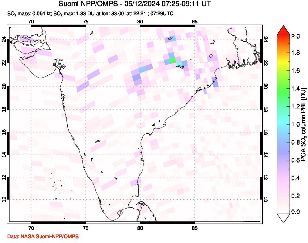 A sulfur dioxide image over India on May 12, 2024.