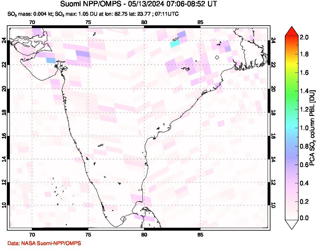 A sulfur dioxide image over India on May 13, 2024.