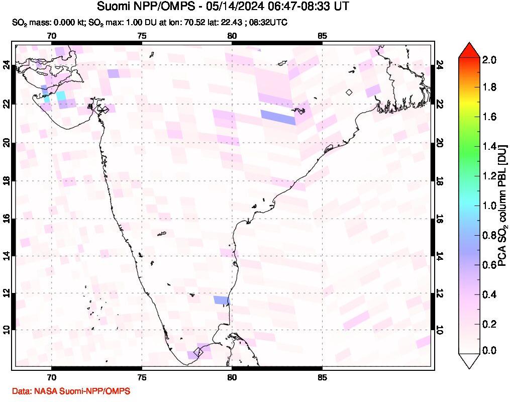 A sulfur dioxide image over India on May 14, 2024.