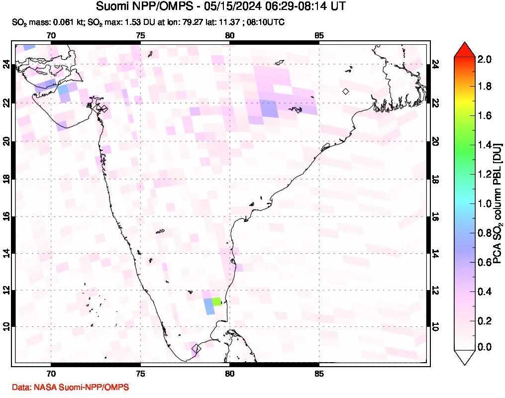 A sulfur dioxide image over India on May 15, 2024.