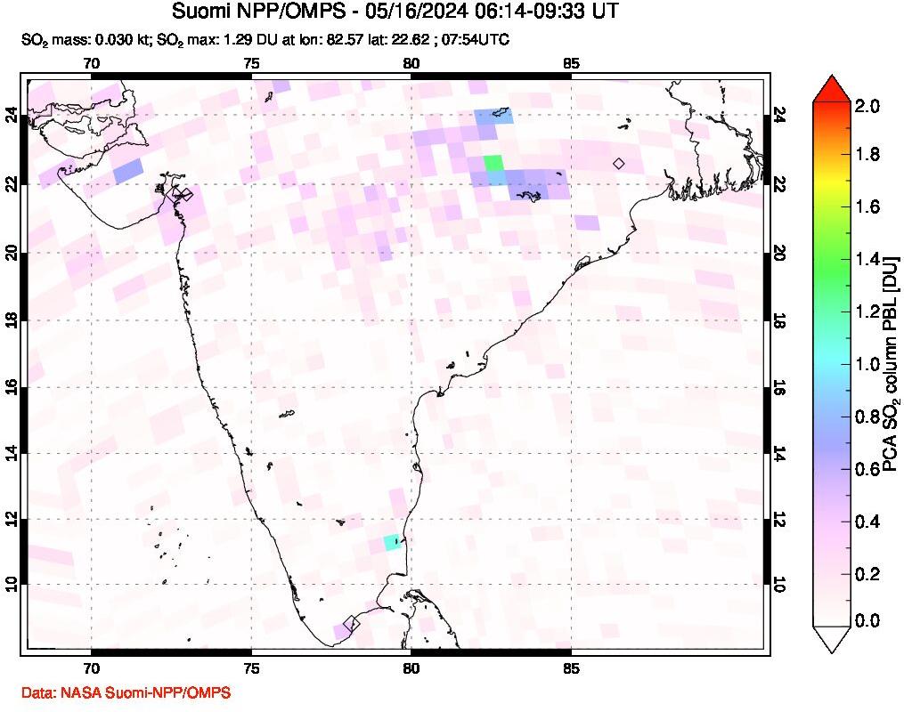 A sulfur dioxide image over India on May 16, 2024.