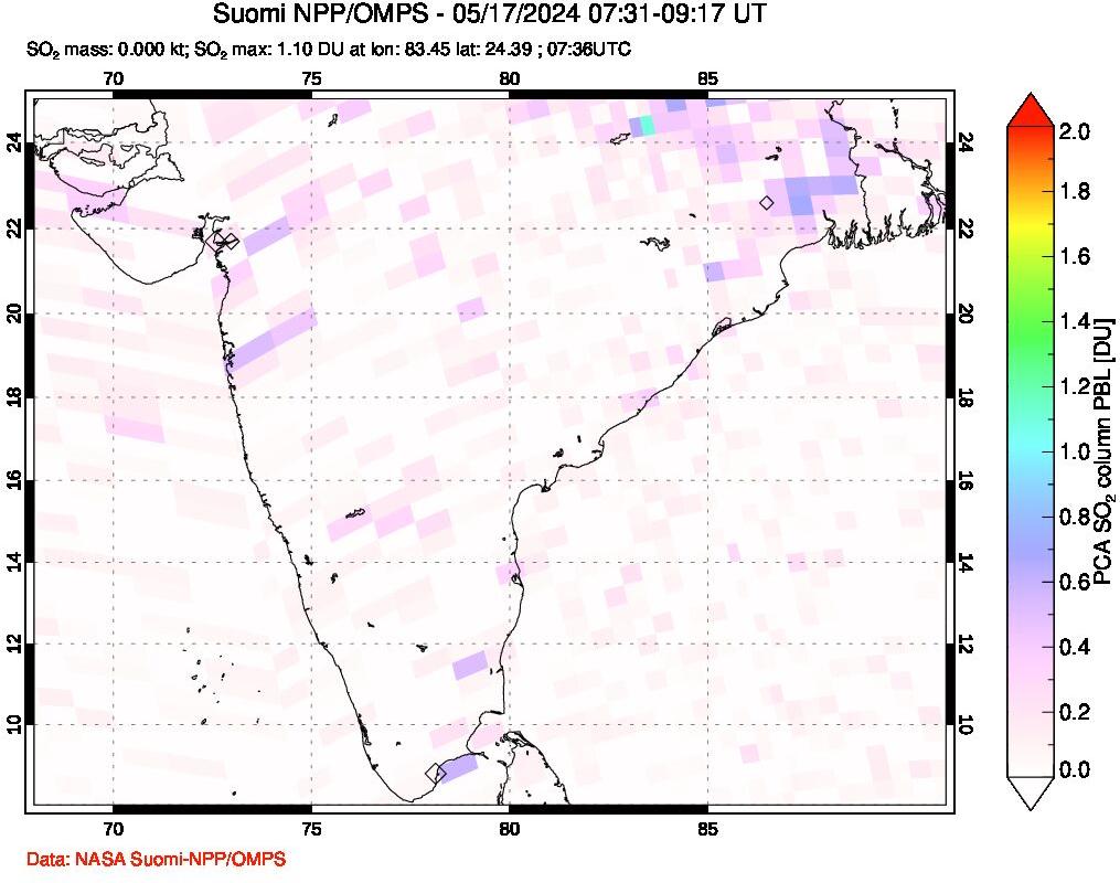 A sulfur dioxide image over India on May 17, 2024.