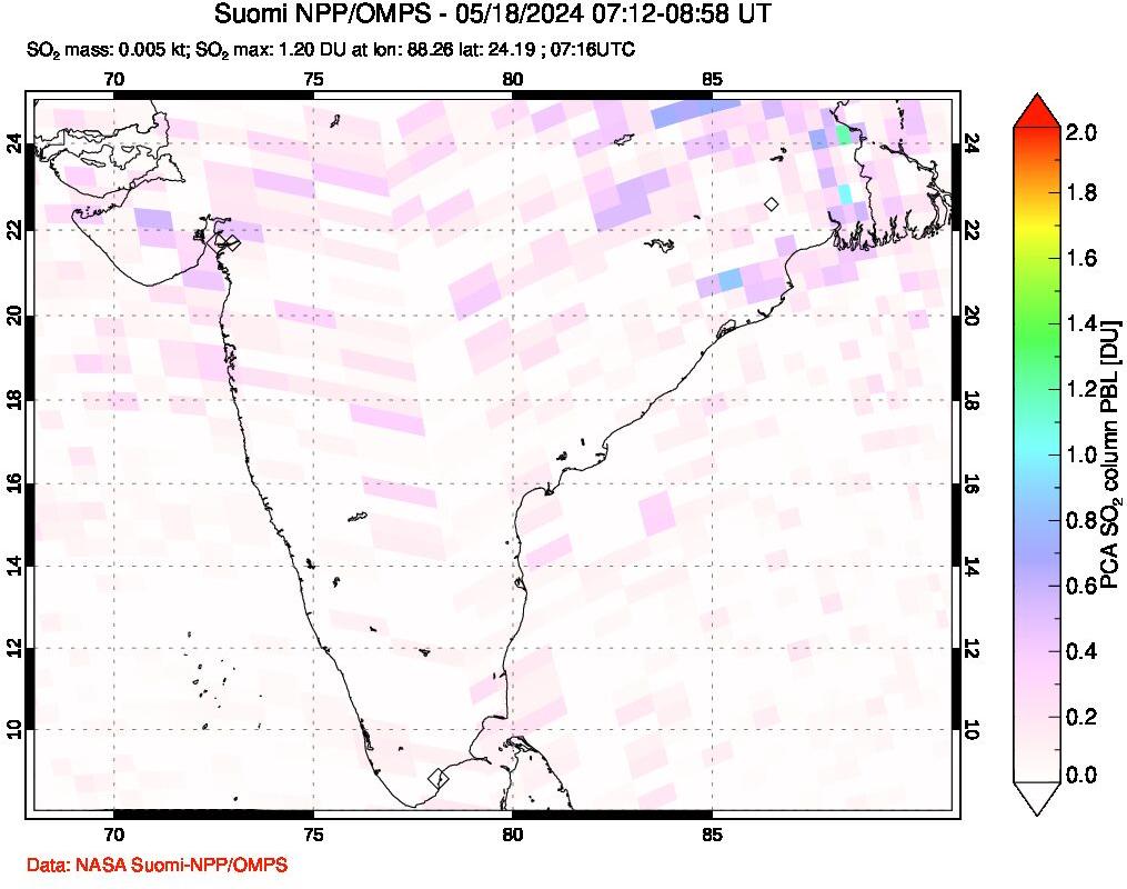 A sulfur dioxide image over India on May 18, 2024.