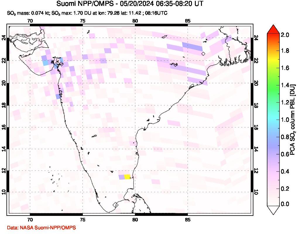 A sulfur dioxide image over India on May 20, 2024.