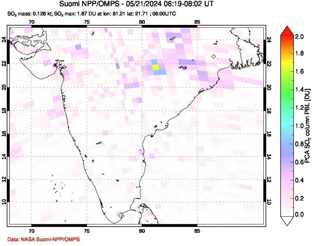 A sulfur dioxide image over India on May 21, 2024.