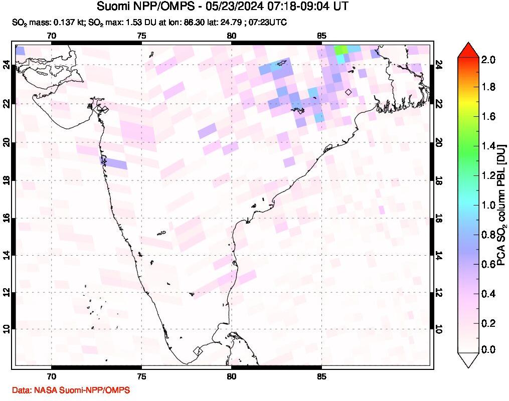 A sulfur dioxide image over India on May 23, 2024.