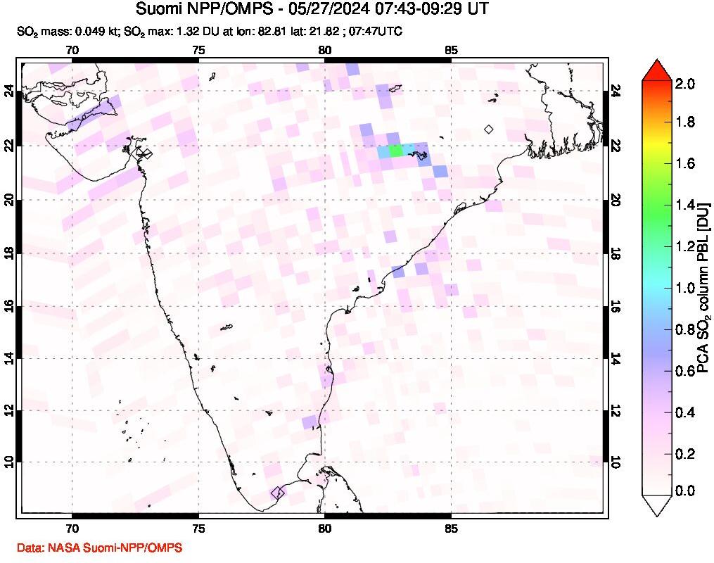 A sulfur dioxide image over India on May 27, 2024.