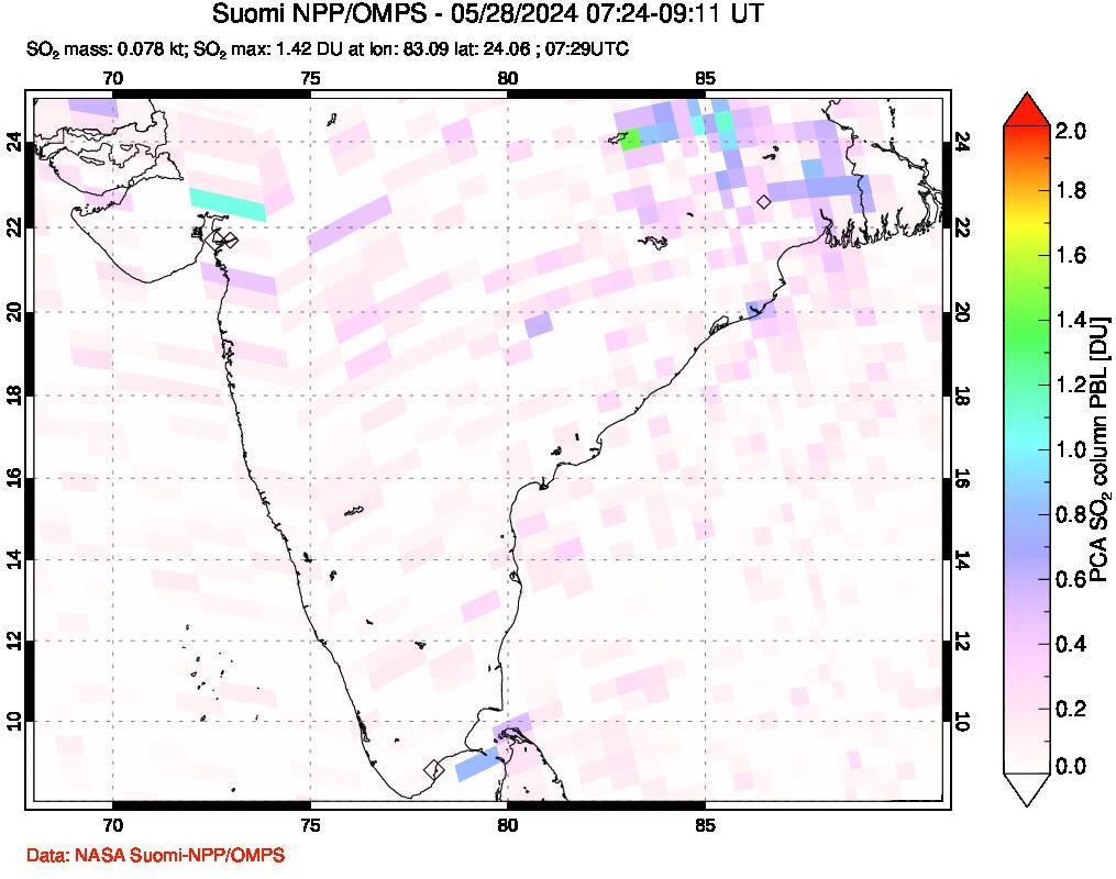 A sulfur dioxide image over India on May 28, 2024.