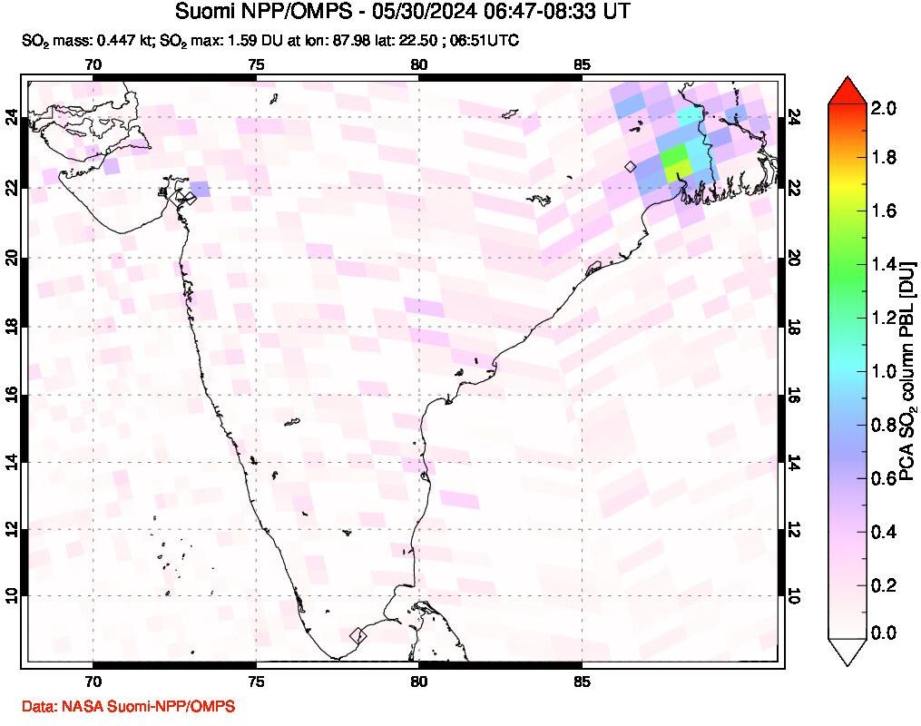 A sulfur dioxide image over India on May 30, 2024.