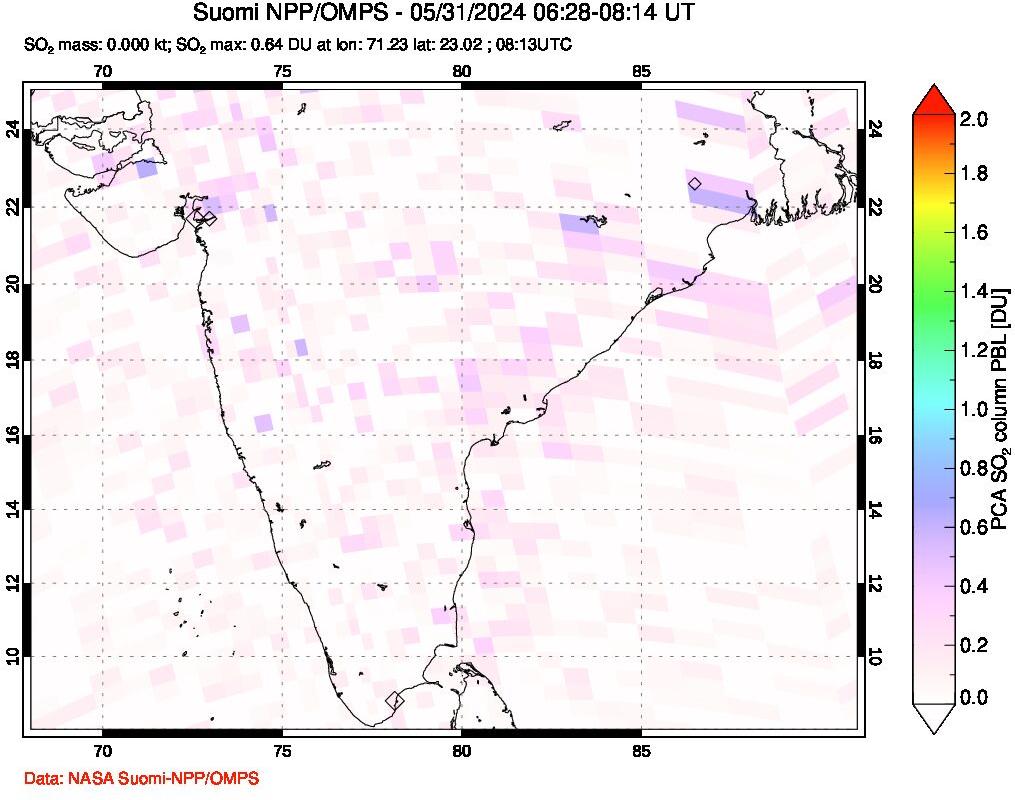 A sulfur dioxide image over India on May 31, 2024.