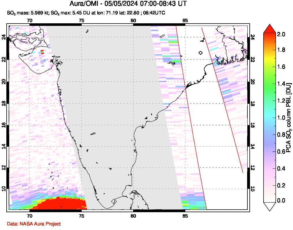 A sulfur dioxide image over India on May 05, 2024.