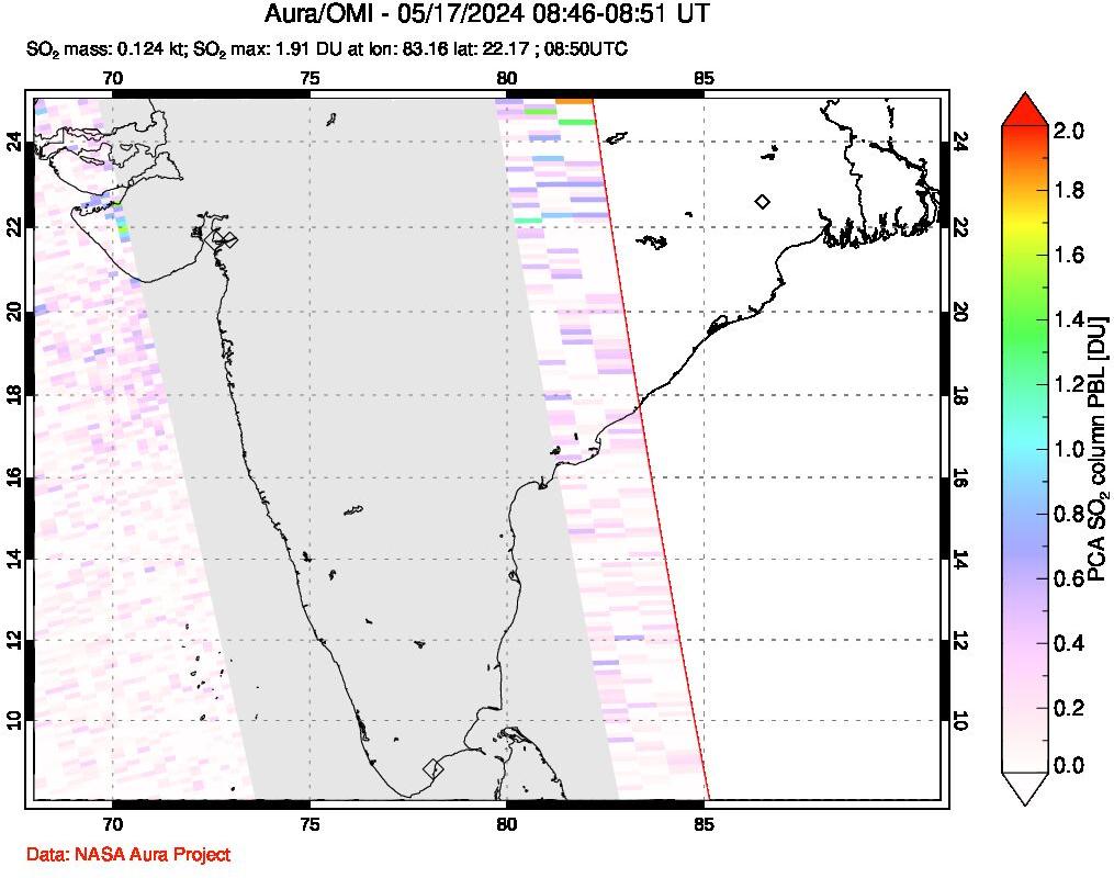 A sulfur dioxide image over India on May 17, 2024.