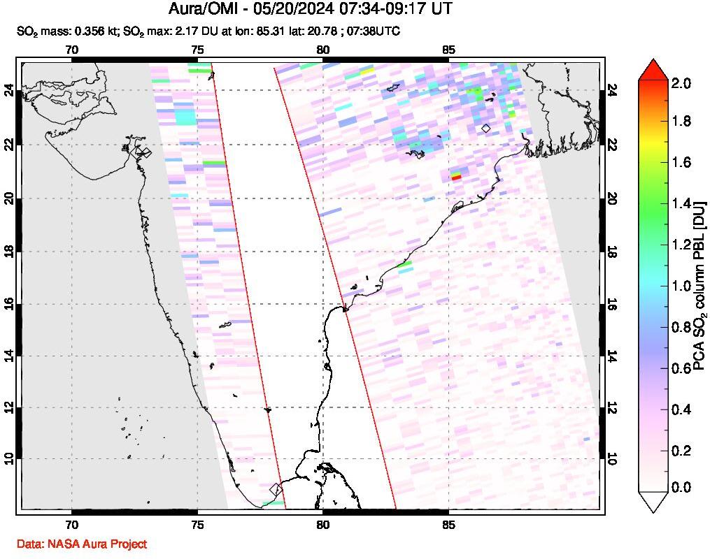 A sulfur dioxide image over India on May 20, 2024.