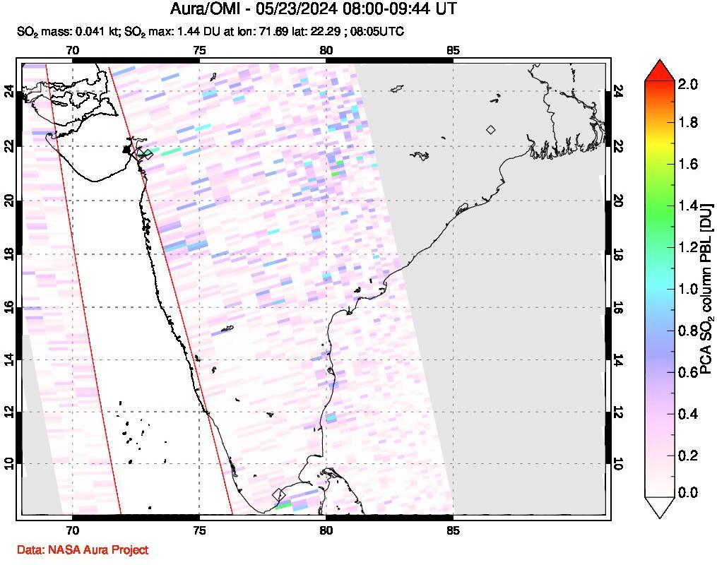 A sulfur dioxide image over India on May 23, 2024.