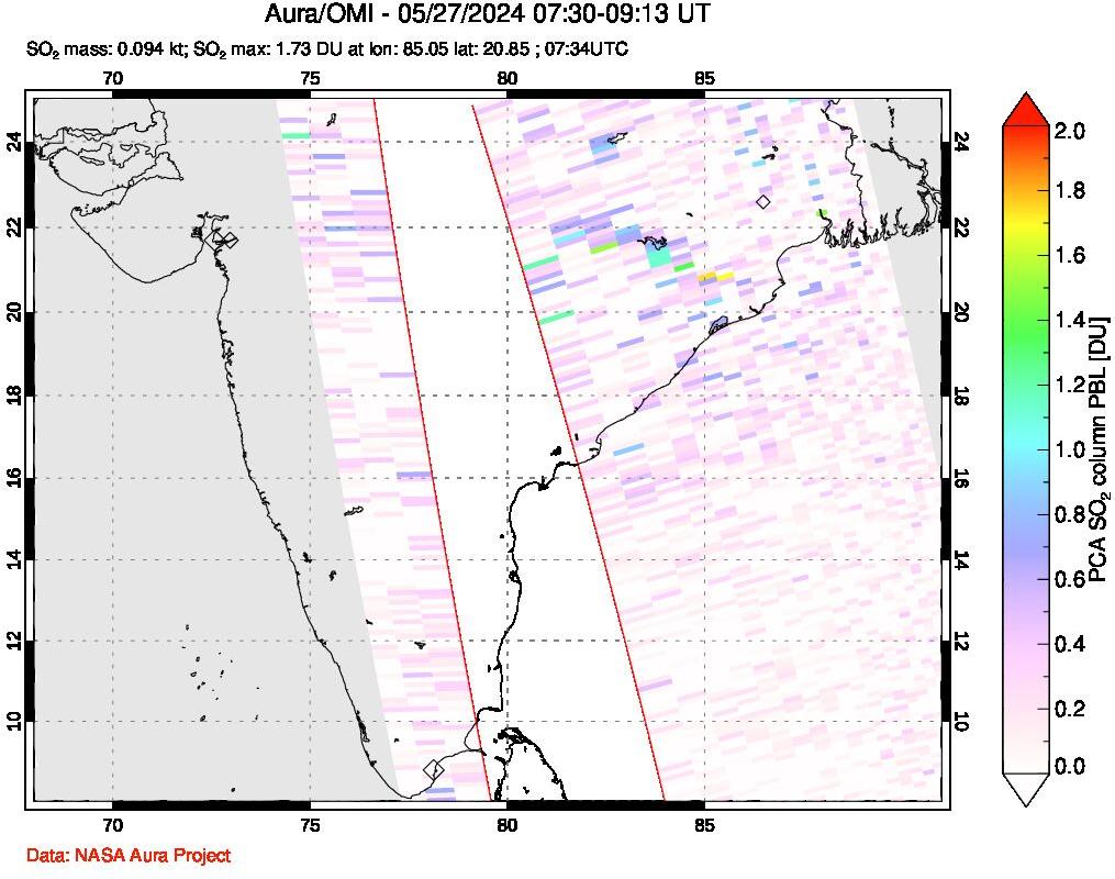 A sulfur dioxide image over India on May 27, 2024.