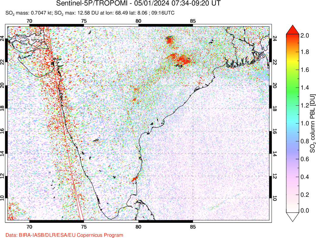 A sulfur dioxide image over India on May 01, 2024.