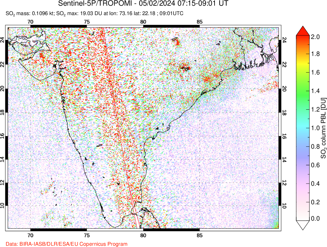 A sulfur dioxide image over India on May 02, 2024.