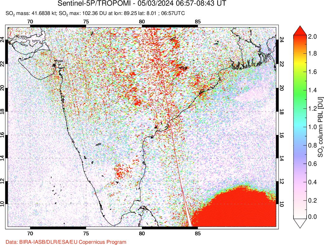 A sulfur dioxide image over India on May 03, 2024.