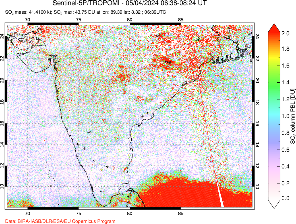 A sulfur dioxide image over India on May 04, 2024.