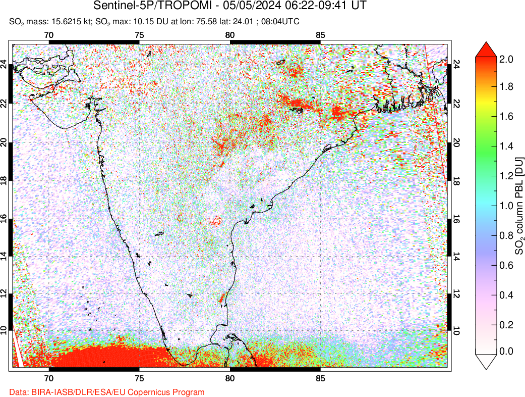 A sulfur dioxide image over India on May 05, 2024.