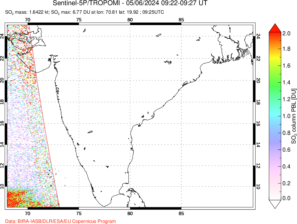 A sulfur dioxide image over India on May 06, 2024.