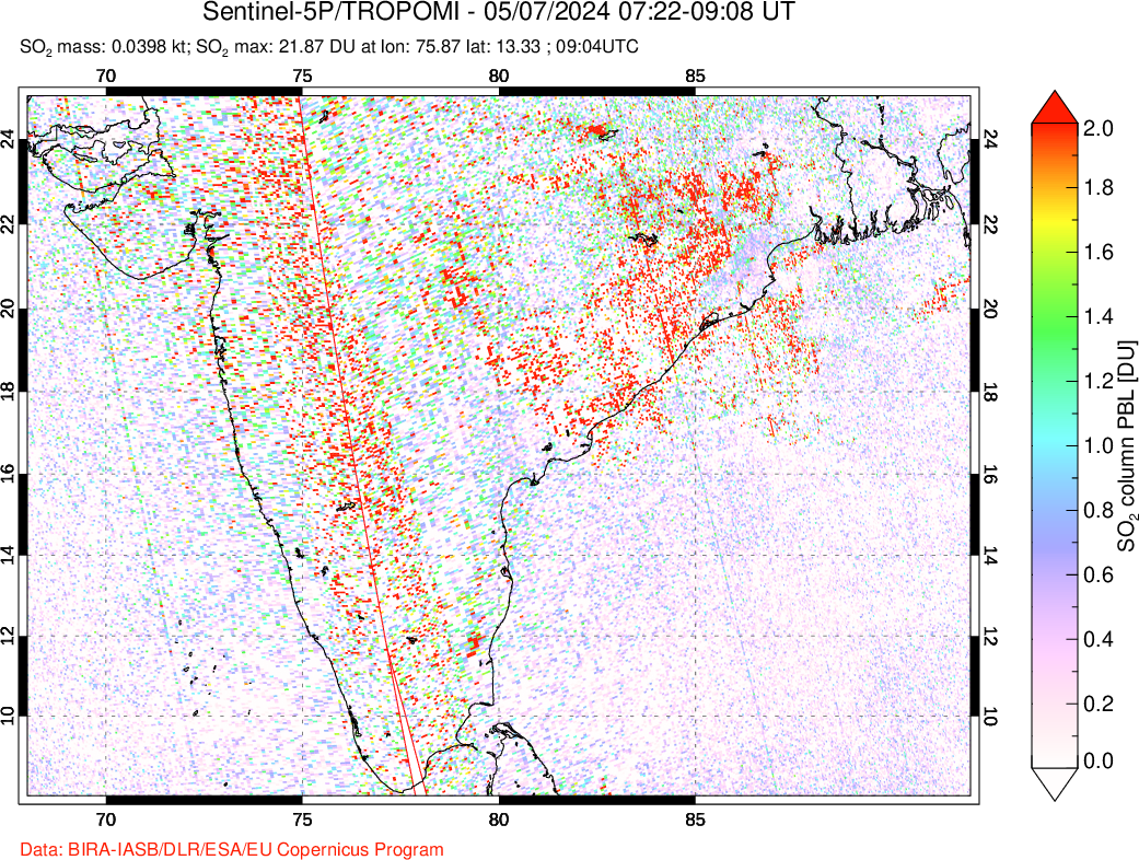 A sulfur dioxide image over India on May 07, 2024.