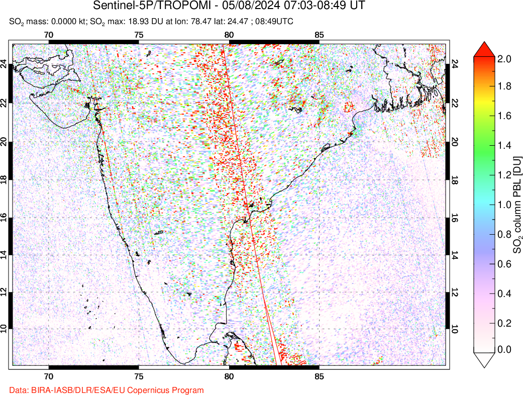 A sulfur dioxide image over India on May 08, 2024.