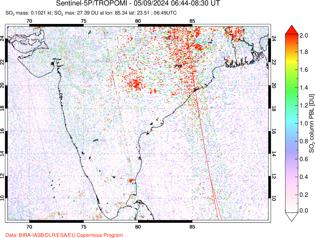 A sulfur dioxide image over India on May 09, 2024.