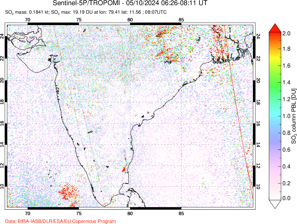 A sulfur dioxide image over India on May 10, 2024.