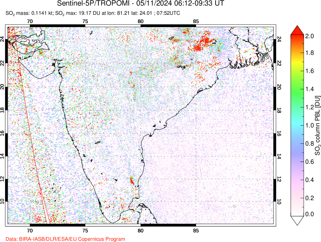 A sulfur dioxide image over India on May 11, 2024.