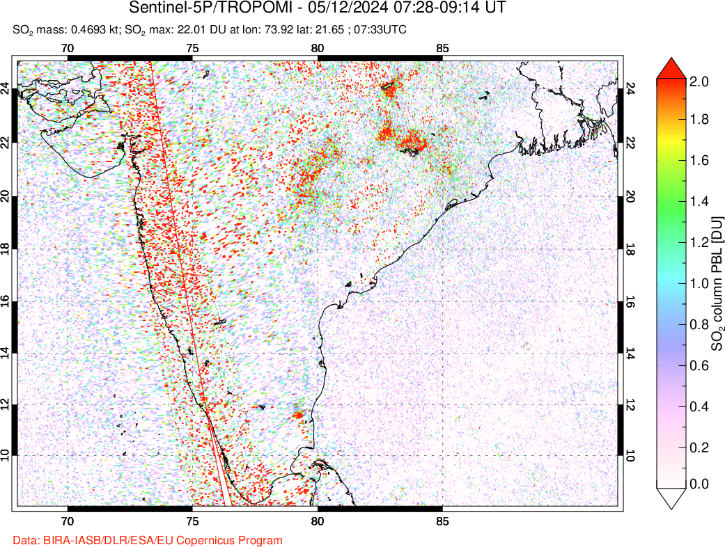 A sulfur dioxide image over India on May 12, 2024.