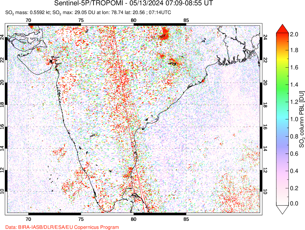 A sulfur dioxide image over India on May 13, 2024.