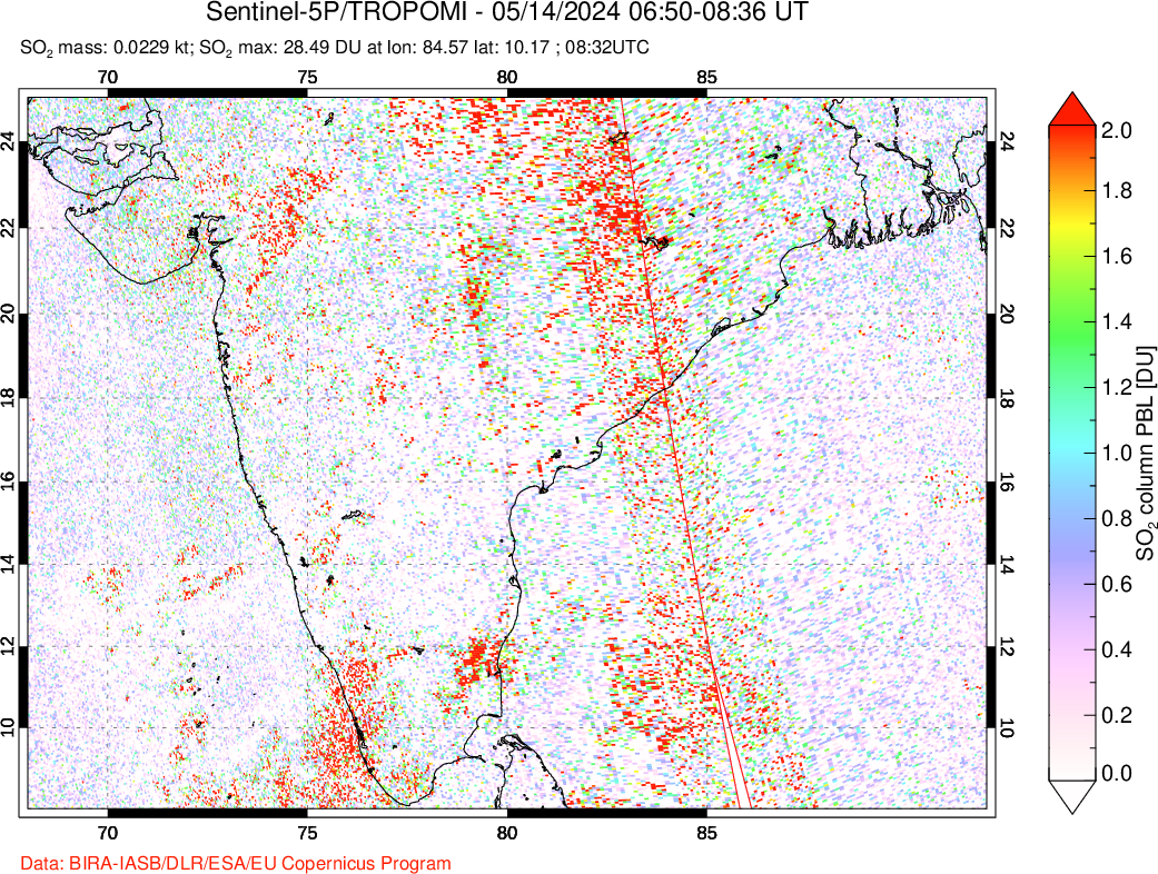 A sulfur dioxide image over India on May 14, 2024.