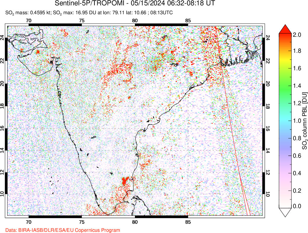 A sulfur dioxide image over India on May 15, 2024.