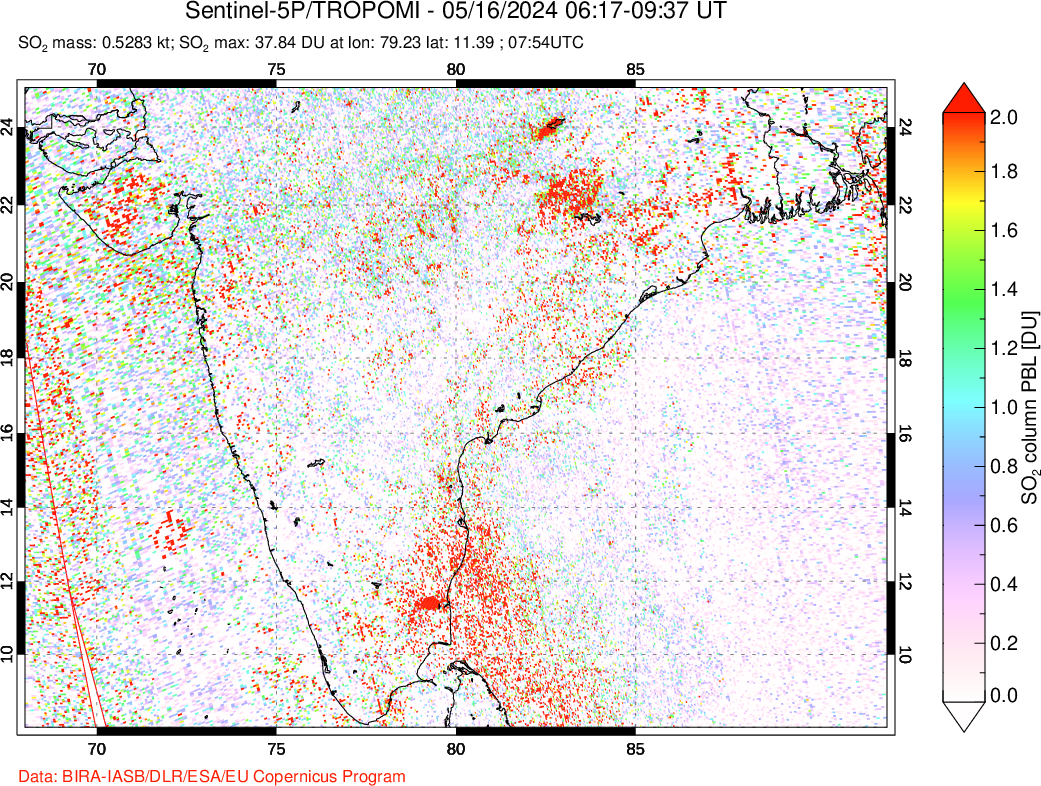 A sulfur dioxide image over India on May 16, 2024.