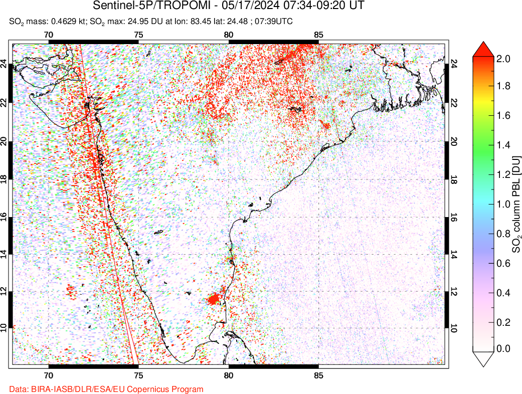 A sulfur dioxide image over India on May 17, 2024.