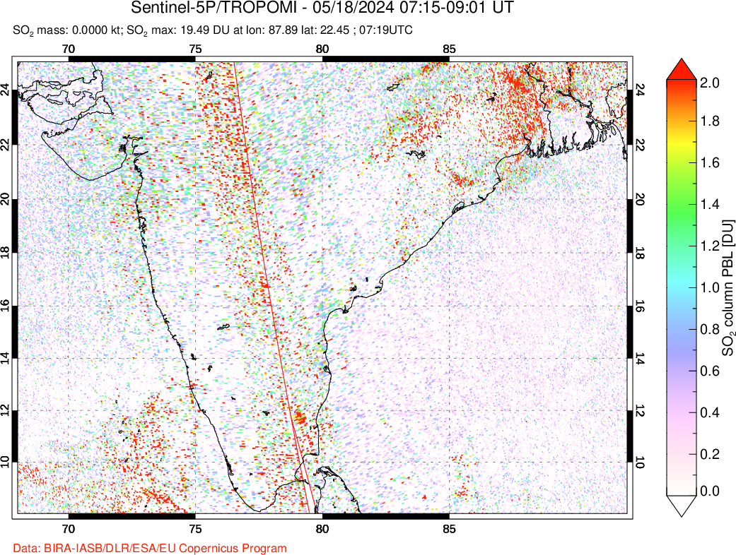 A sulfur dioxide image over India on May 18, 2024.