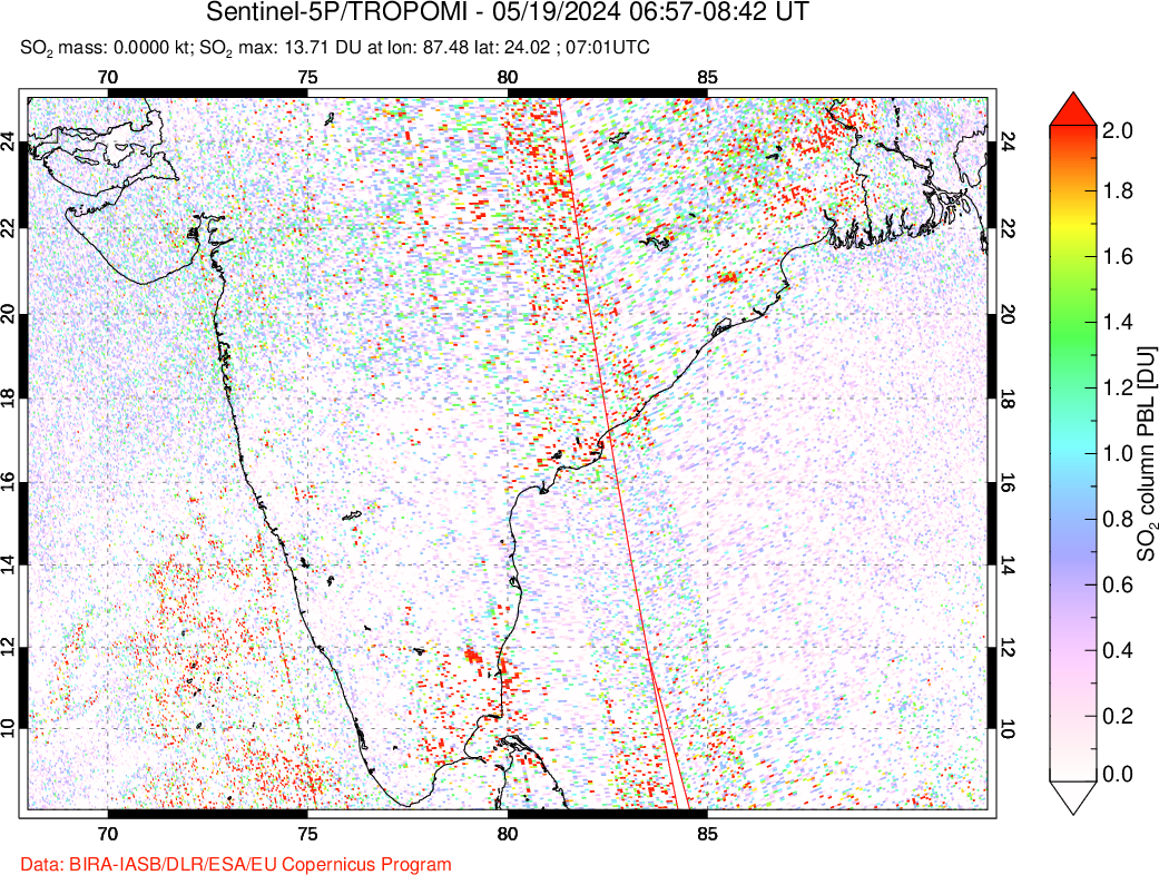 A sulfur dioxide image over India on May 19, 2024.