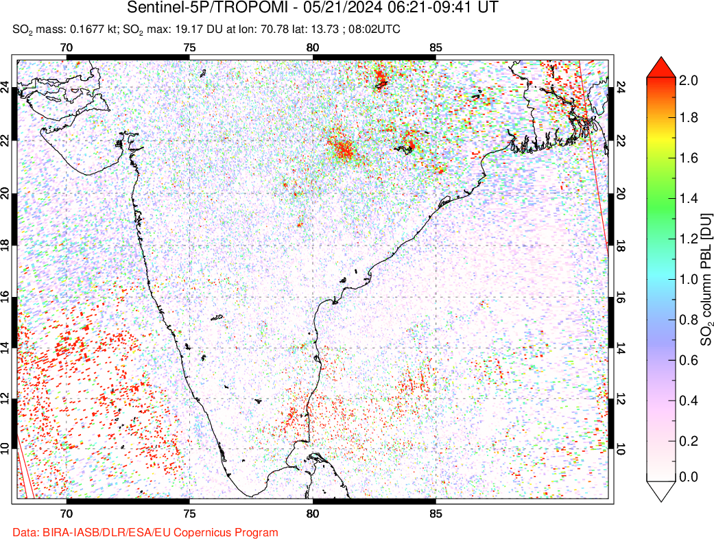 A sulfur dioxide image over India on May 21, 2024.