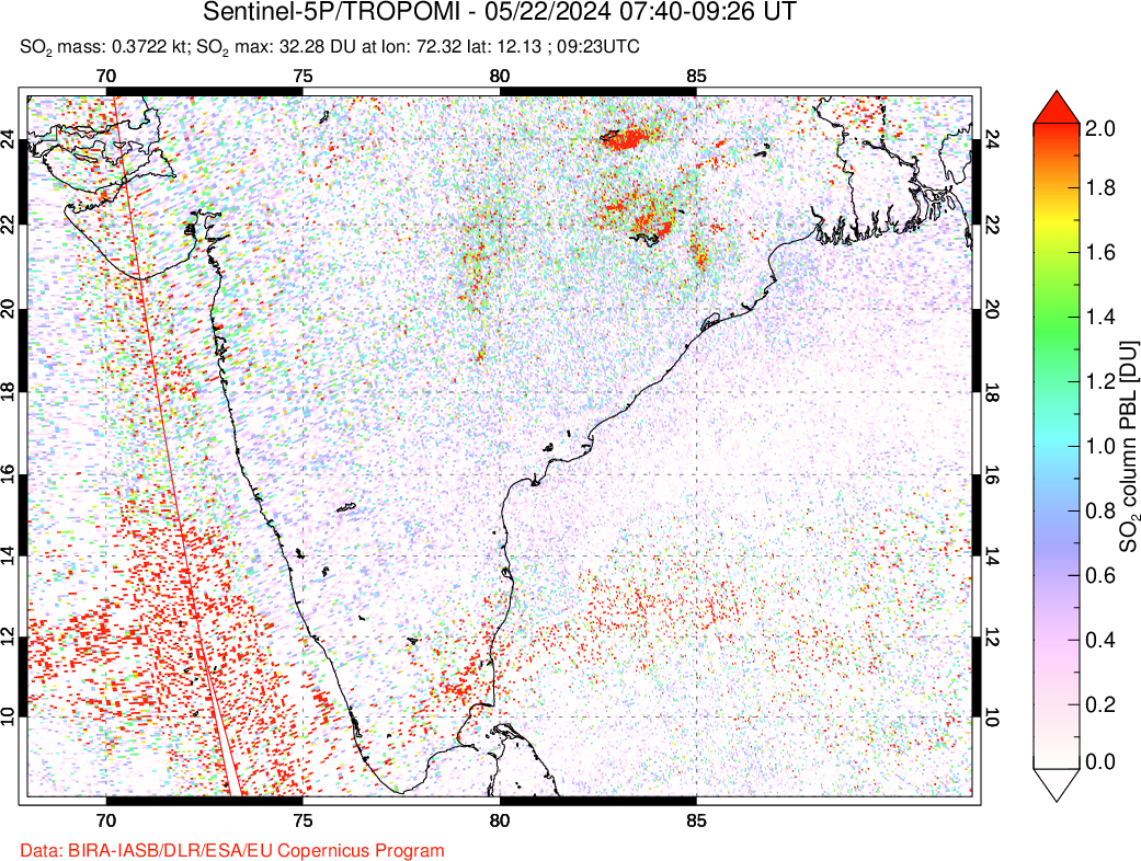 A sulfur dioxide image over India on May 22, 2024.