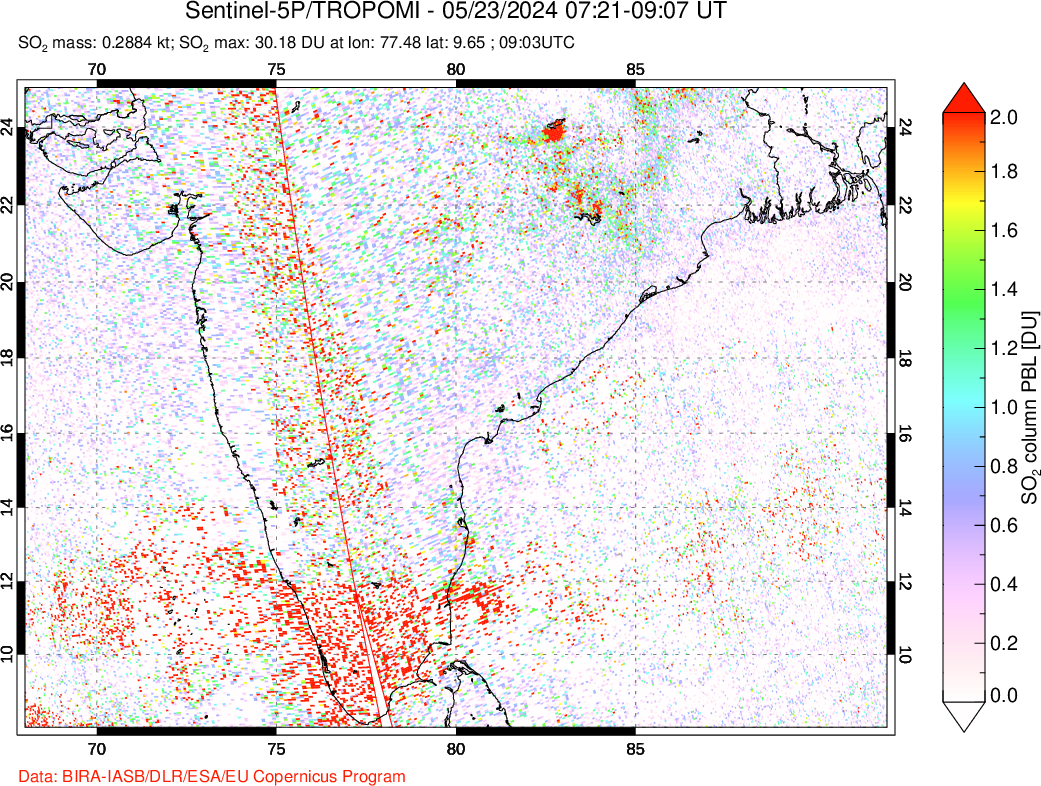 A sulfur dioxide image over India on May 23, 2024.