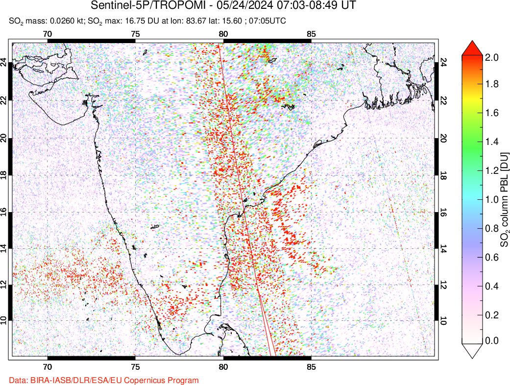 A sulfur dioxide image over India on May 24, 2024.