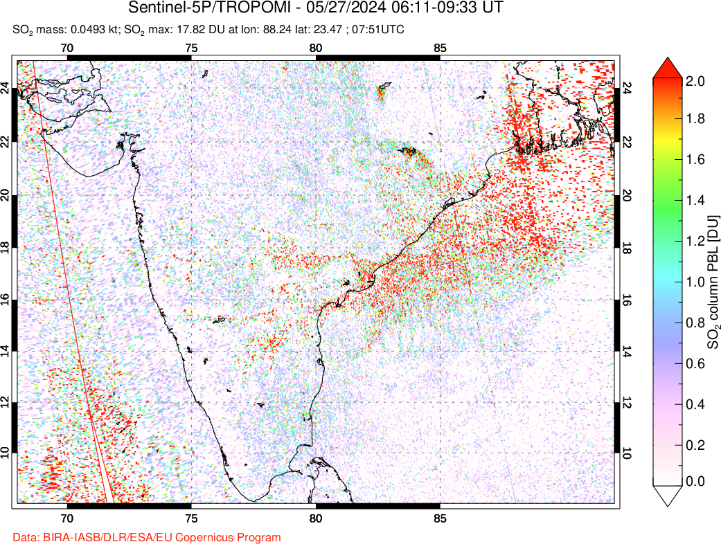 A sulfur dioxide image over India on May 27, 2024.